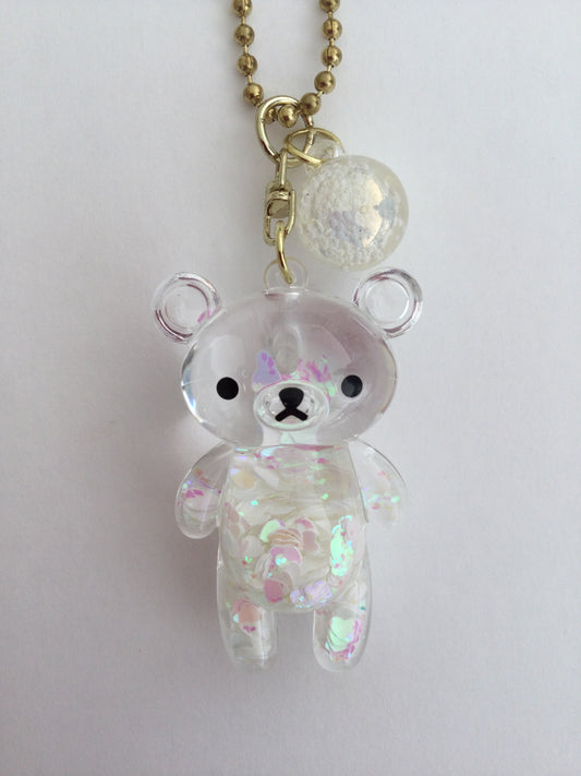White Glitter Teddy Bear Car Charm | Elegant Kawaii Rearview Mirror Ornament