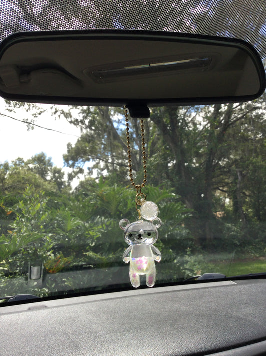 White Glitter Teddy Bear Car Charm | Elegant Kawaii Rearview Mirror Ornament