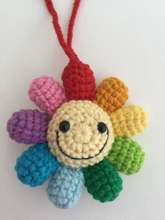 Crochet Flower Car Charm – Knit Smiley Hanging Rear View Mirror Decoration Gift
