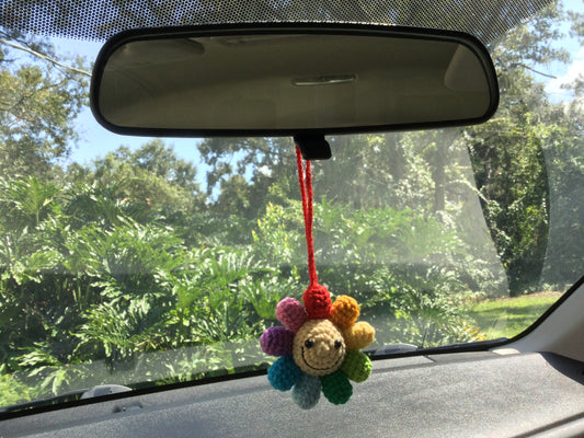 Crochet Knit Flower Car Charm - Rear View Mirror Car Accessory - Interior Car Decoration