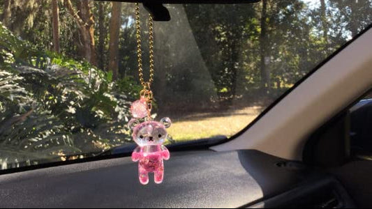 Pink Glitter Teddy Bear Car Charm – Liquid Confetti Rear View Mirror Ornament Gift