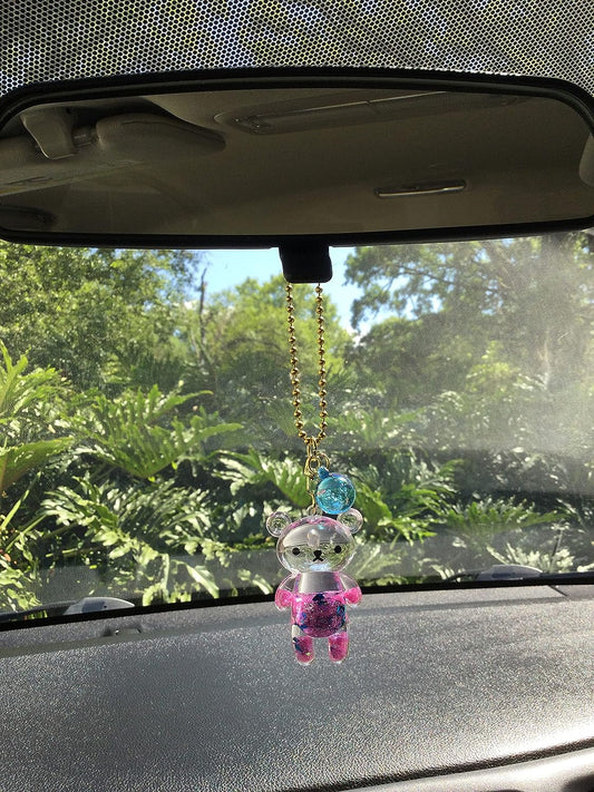 Pink & Blue Glitter Teddy Bear Car Charm | Kawaii Rearview Mirror Ornament