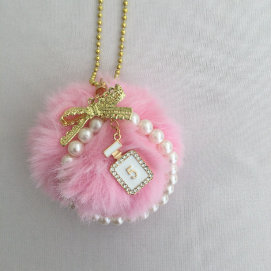 Pink Pompom Car Charm Hanging Rear View Mirror Accessories Kawaii Car Decor