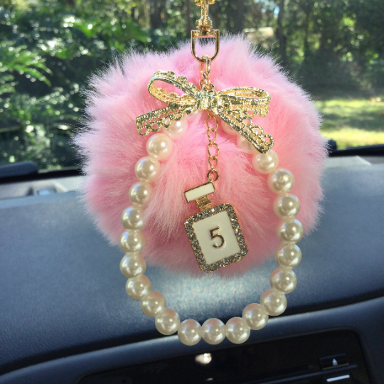 Pink Pompom Car Charm Hanging Rear View Mirror Accessories Kawaii Car Decor