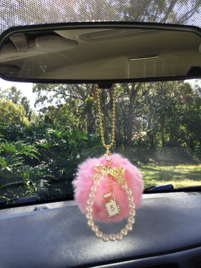 Pink Pompom Car Charm | Faux Fur & Pearl Rearview Mirror Ornament