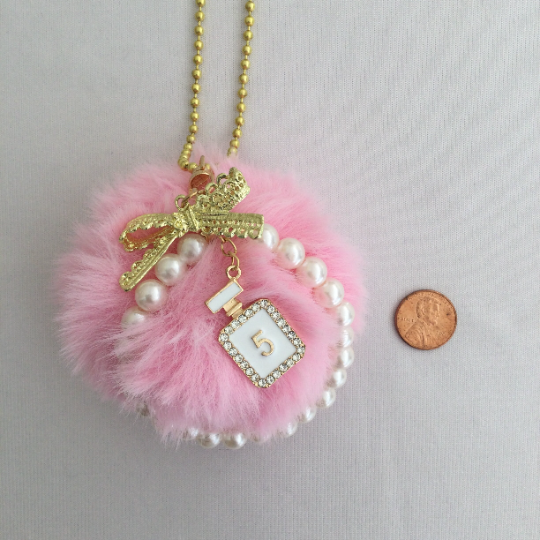 Pink Pompom Car Charm Hanging Rear View Mirror Accessories Kawaii Car Decor