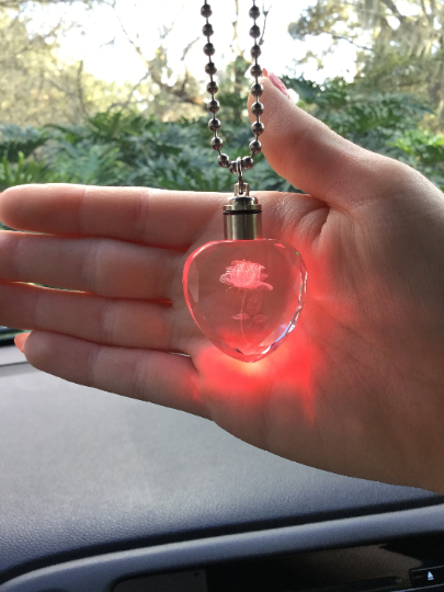 Rose Quartz LED Light Up Car Charm Rear View Mirror Accessories Lights Up Red Cute Car Decor Gift